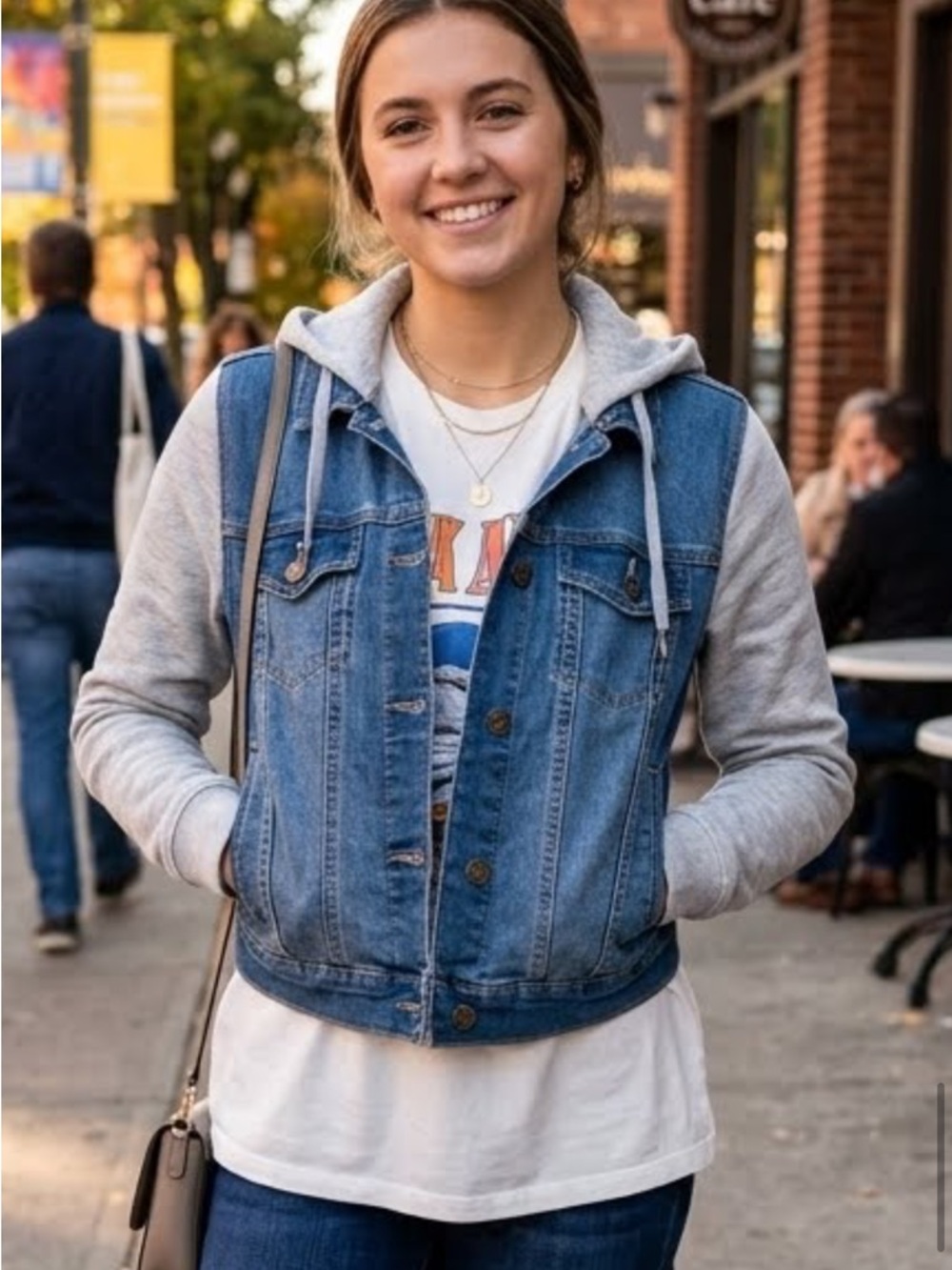 Denim Hooded Vest with Grey Sleeves